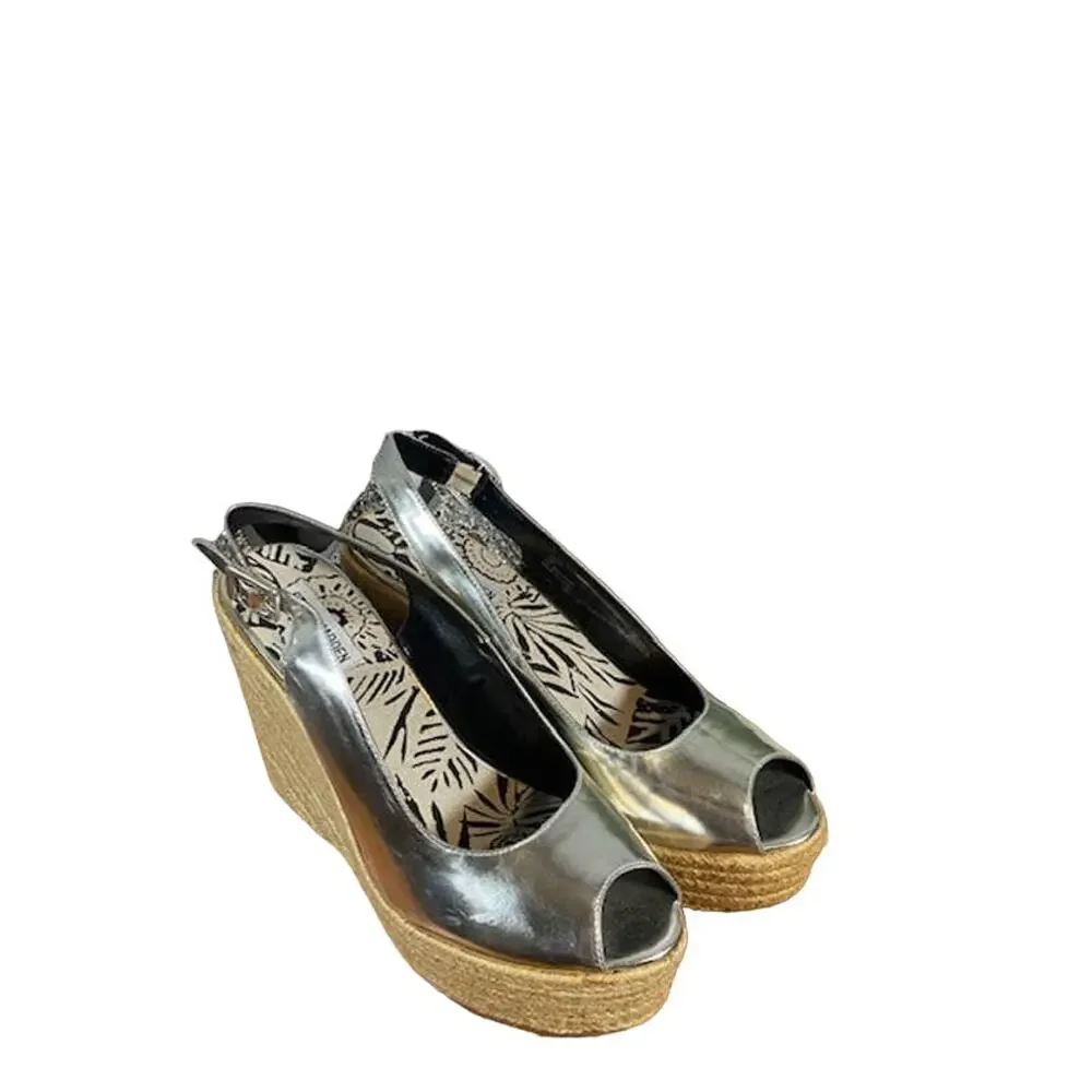 Steve Madden Women Metallic Silver Open Toe Ankle Espadrille Wedge Sandals Sz 10
